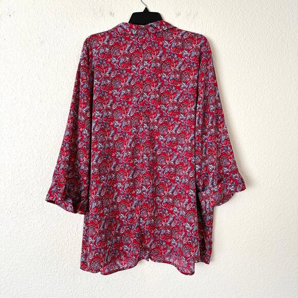 Catherines Red Floral Button Up Top 3X Roll Tab Sleeve Collared Tunic Blouse - Picture 3 of 7